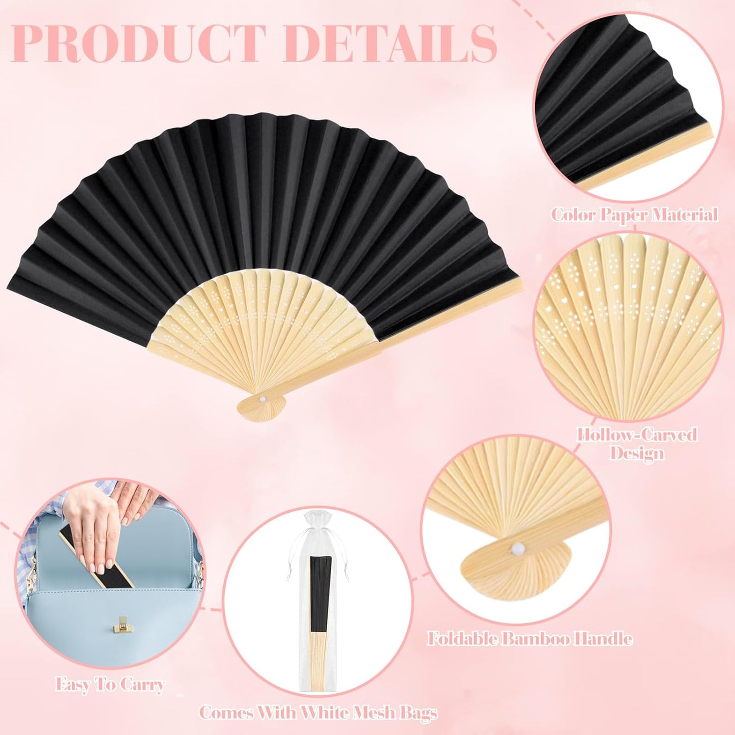 6 Pieces Black Hand Held Bamboo Folding Fans Foldable Paper Fans Handheld for Women Girls Wedding DIY Decoration Church Home Party Favors Summer