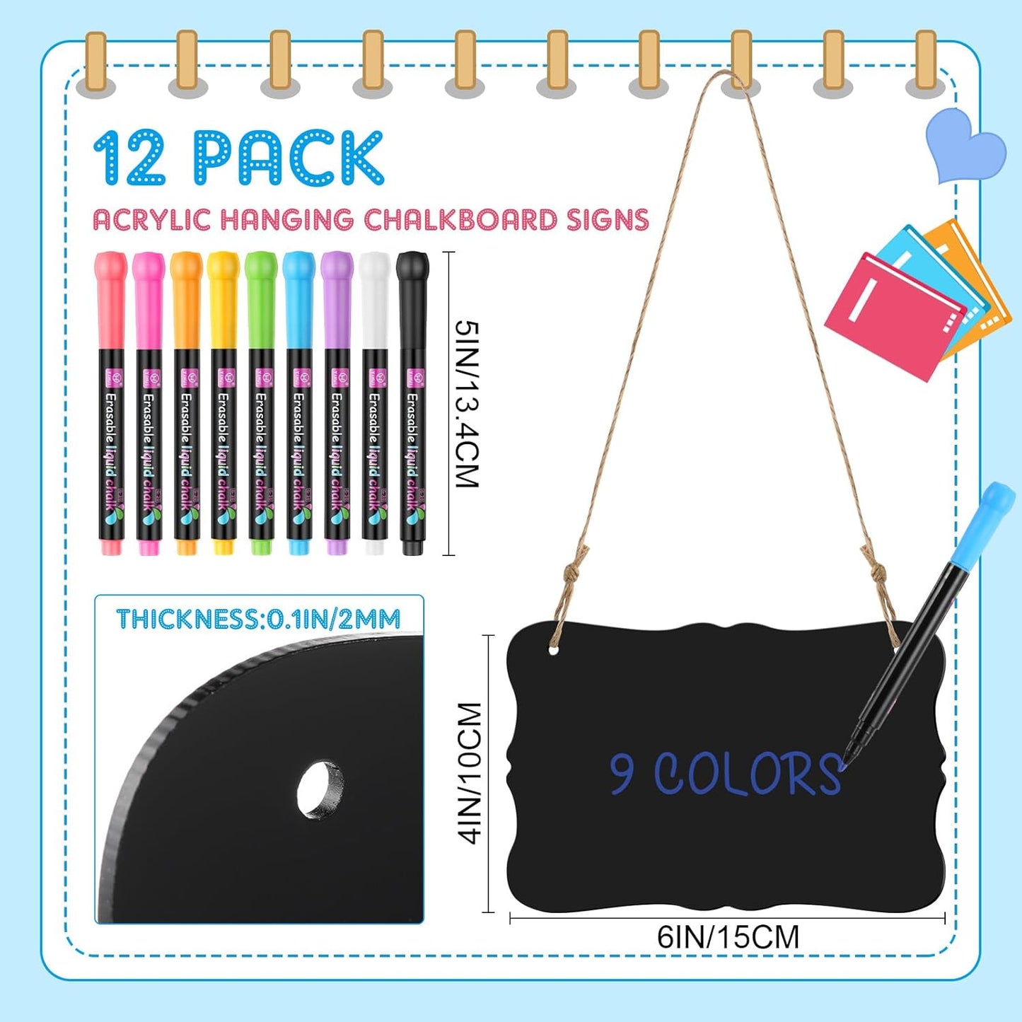 12 Pcs 4 x 6 Acrylic Chalkboard Hanging Sign with Chalk Markers Chalk Board Signs with Hanging String for Wedding Kitchen Home Party Decoration (Bracket)