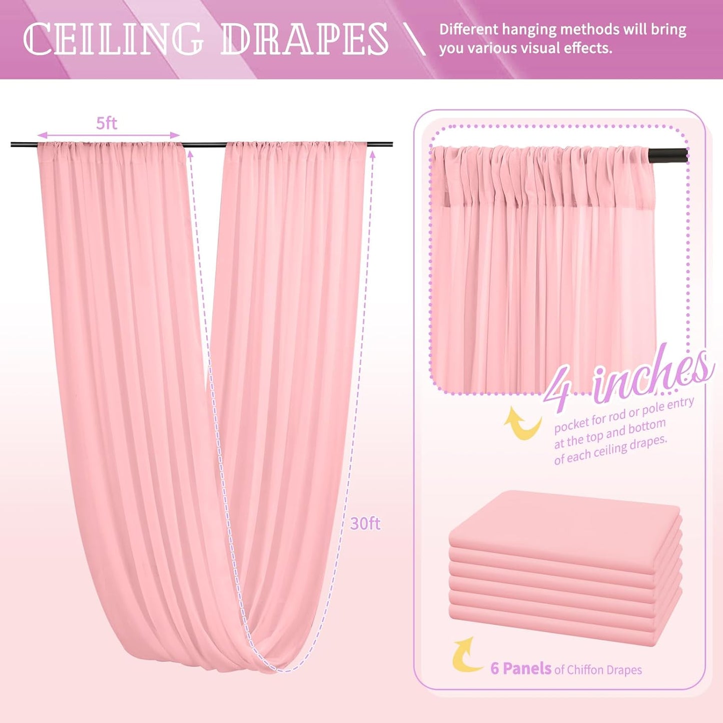 6 Panels Dusty Rose Ceiling Drapes for Wedding 5ftx30ft Chiffon Fabric Arch Draping Curtains Sheer Drapery for Party Ceremony Birthday Baby Shower Reception Stage Swag Ceiling Decorations