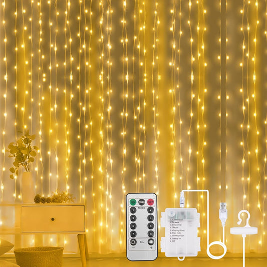 AOMIG Fairy Curtain Lights,300 LED Warm White Window Curtain String Light,8 Modes 9.8×9.8Ft Waterproof Curtain String Light USB&Battery Powered with Remote Contro,String Lights for Indoor,Outdoor