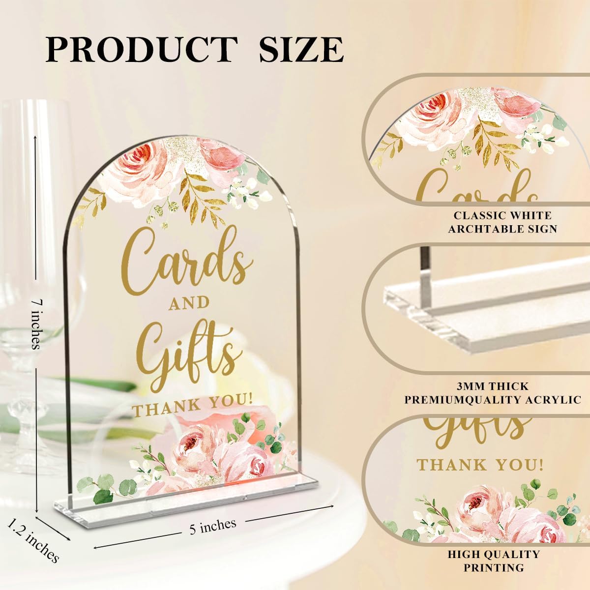 4 Pcs Acrylic Wedding Signs for Reception, Bridal Shower Decorations, Cards and Gifts Signs, Guest Book Sign, Arch Acrylic Table Top Sign with Holder for Wedding Reception (Clear Pink Flowers)