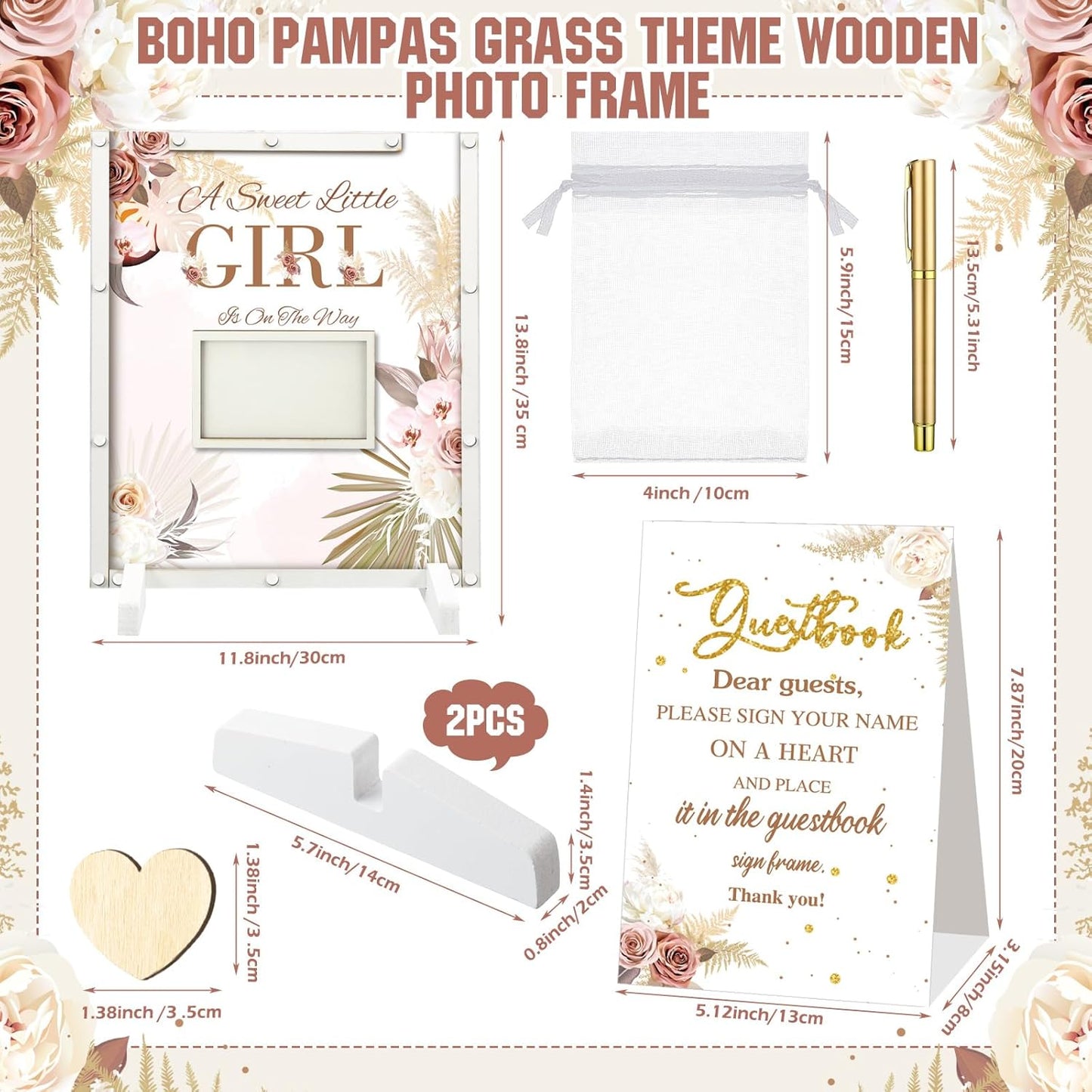 65 Pcs Baby Shower Guest Book Alternatives He or She Gender Reveal Boho Flower Baby Shower Decorations Sign in Guest Book with Picture Frame and 60 Wooden Chip