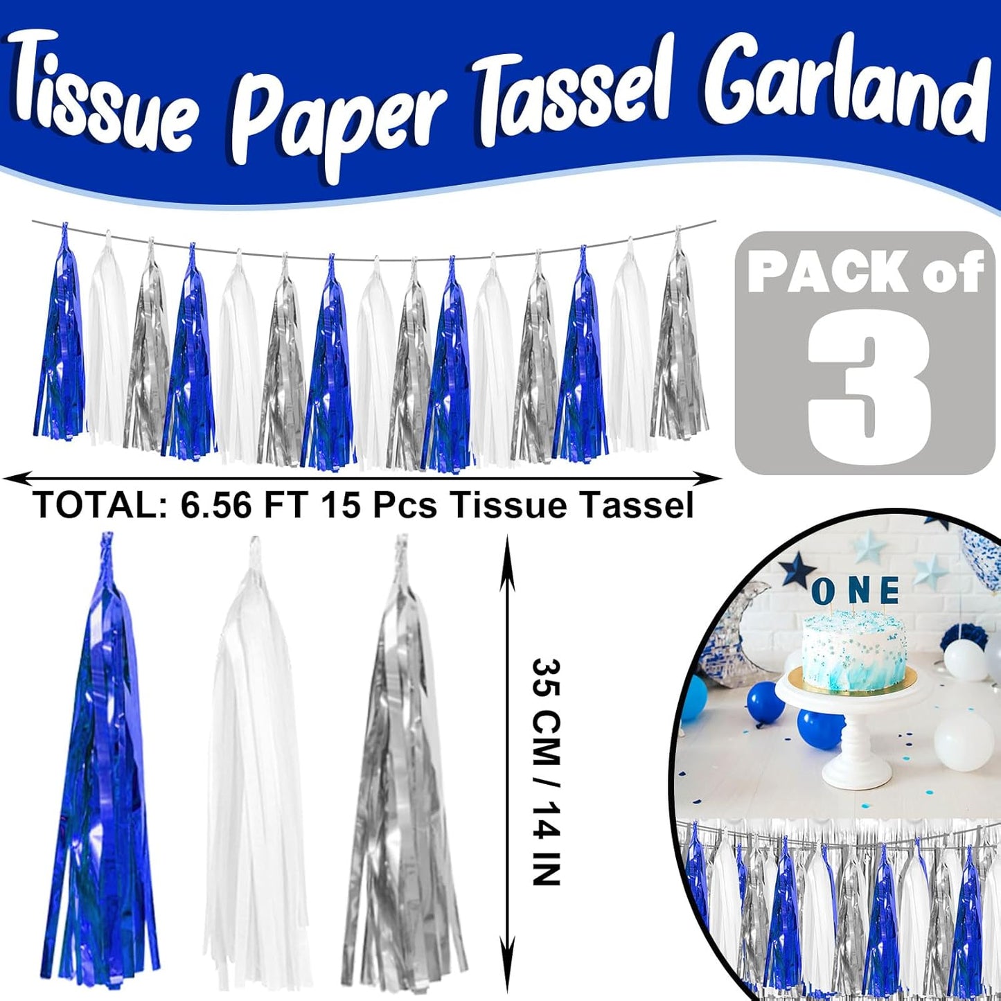 3P Navy-Blue White-Silver Tassel Garland Banner, Tassels Banner Streamers for Parade Floats, Bachelorette, Wedding, Birthday, Halloween, Christmas, Bridal/Baby Shower Party Decorations