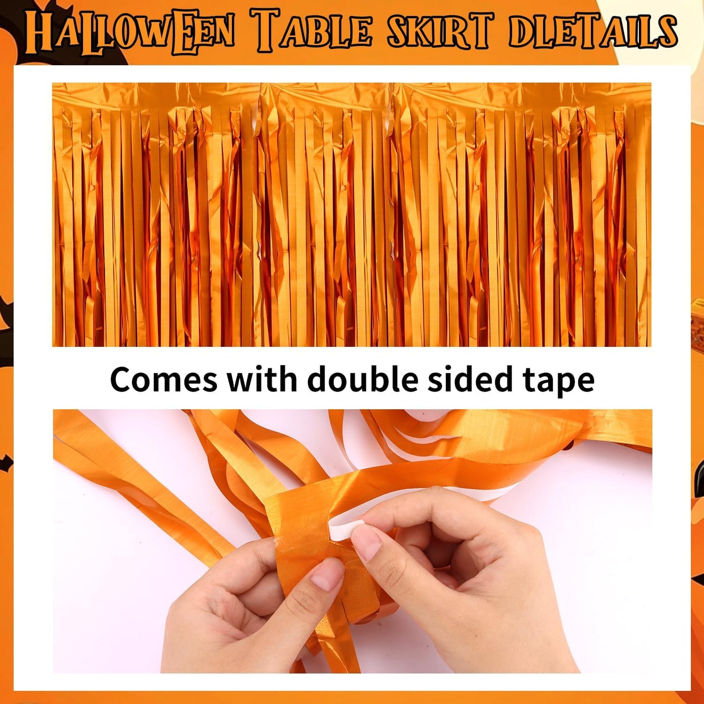 28x106 Inch Orange Sequin Tablecloth for Halloween Decorations, Metallic Tinsel Foil Fringe Table Skirt, Rectangle or Round Tables Decor, Table Cover, Skull Decorations for Halloween Party