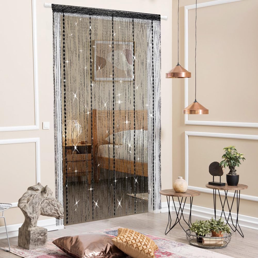 Hysenm Door String Curtains 39x79 Inch Black Panel Soft Balls Romantic Glitter Fringe Room Divider Home Décor Wedding Girls Bedroom Window Living Room Backdrop Party Doorways Closet