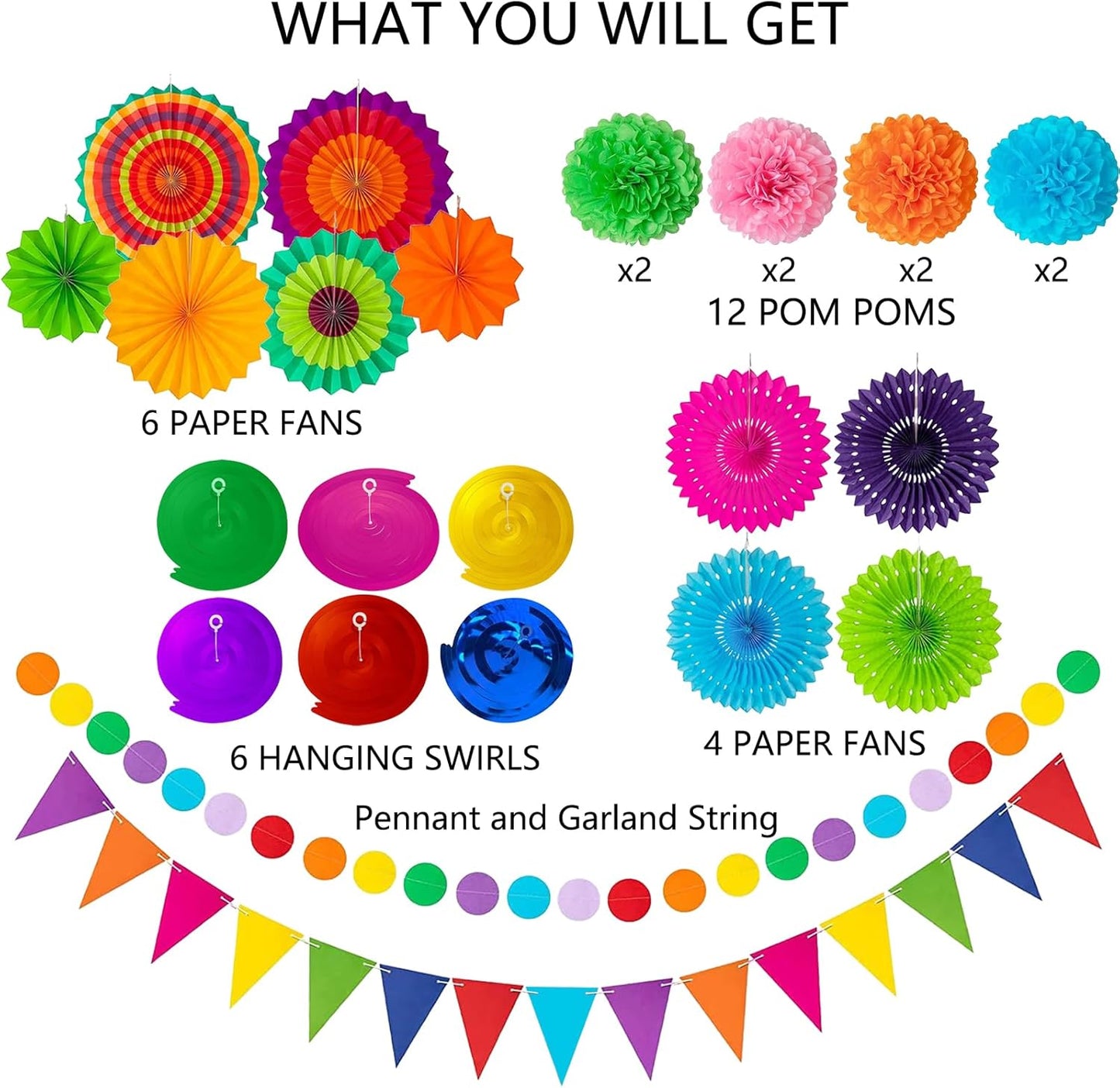 32Pcs Cinco De Mayo Decorations Fiesta Party Decorations Multi-Color Paper Fans Garlands Pennant Pom Poms Hanging Swirls For Birthday Wedding Rainbow Mexican Party