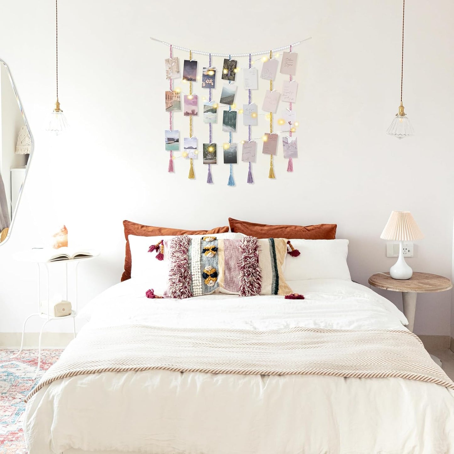 Mkono Macrame Hanging Photo Display Wall Decor with String Lights, Boho Wooden Beads Garland Collage Picture Card Frame Holder with 45 Clips for Bedroom Living Room Dorm, Teen Girls Christmas Gifts