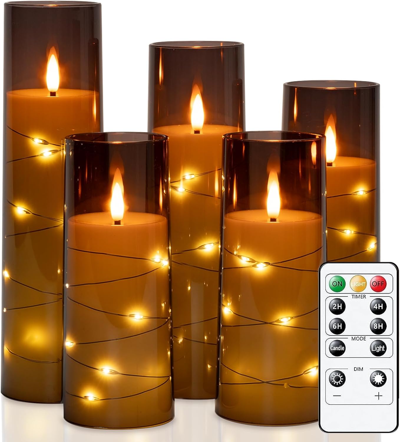 Raycare Flameless Candle with Remote Timer – 5 Flickering Acrylic Battery Operated LED Pillar Candles with Embedded Star String for Halloween, Fall Decor, Harvest Festival Gifts(Grey)
