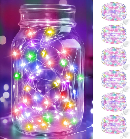 btfarm 6 Pack Fairy Lights Battery Operated, 7FT 20 LED Mini String Lights Waterproof Silver Wire for Mason Jars Centerpiece Table Crafts Bedroom Christmas Decoration, Colourful