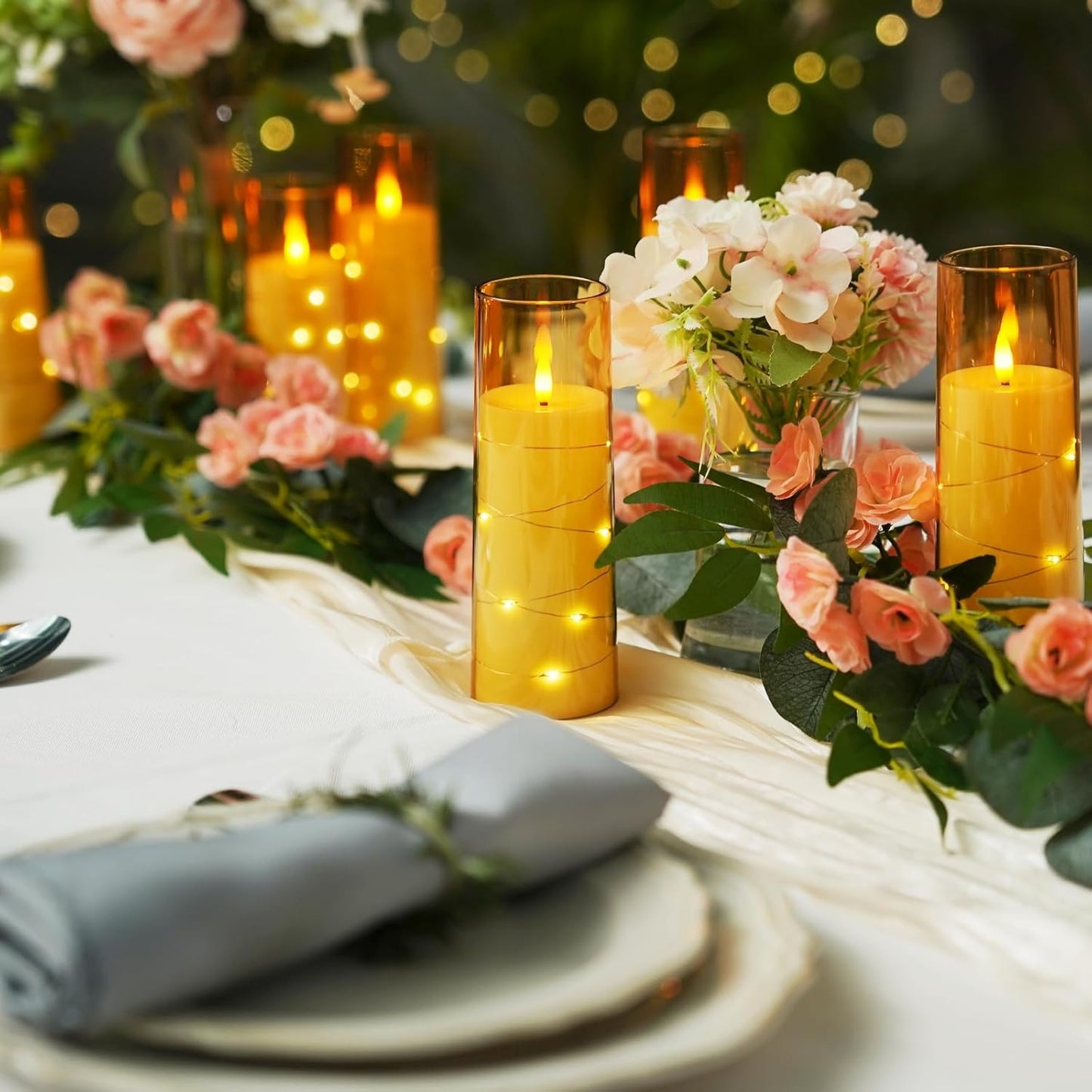 Raycare Flameless Candle with Remote Timer – 9 Flickering Acrylic Battery Operated LED Pillar Candles with Embedded Star String for Halloween, Home Decor, and as a Gift(Glod)