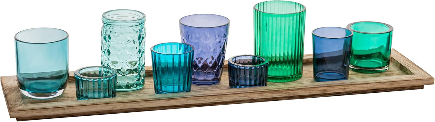 Creative Co-Op Wood Tray with 9 Blue & Green Glass Votive Holders