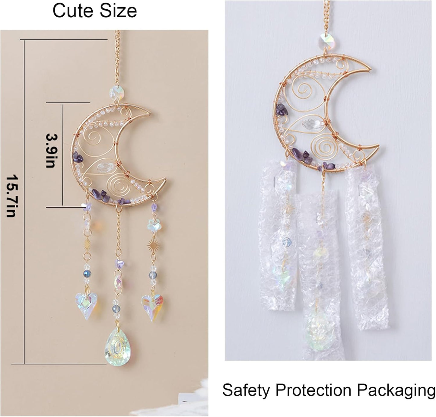 TUOKING Crystal Moon Suncatchers for Window Hanging Natural Healing Stones Wind Chimes Sun Catcher Rainbow Maker Good Luck Gifts Decor for Home Garden