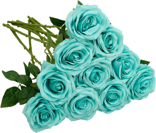 Artificial Rose 10pcs Open Flower Bouquet Faux Rose Stems for Wedding Arrangement, Bridal Bouquet, Centerpiece, Fake Faux Silk Flowers (Tiffany)