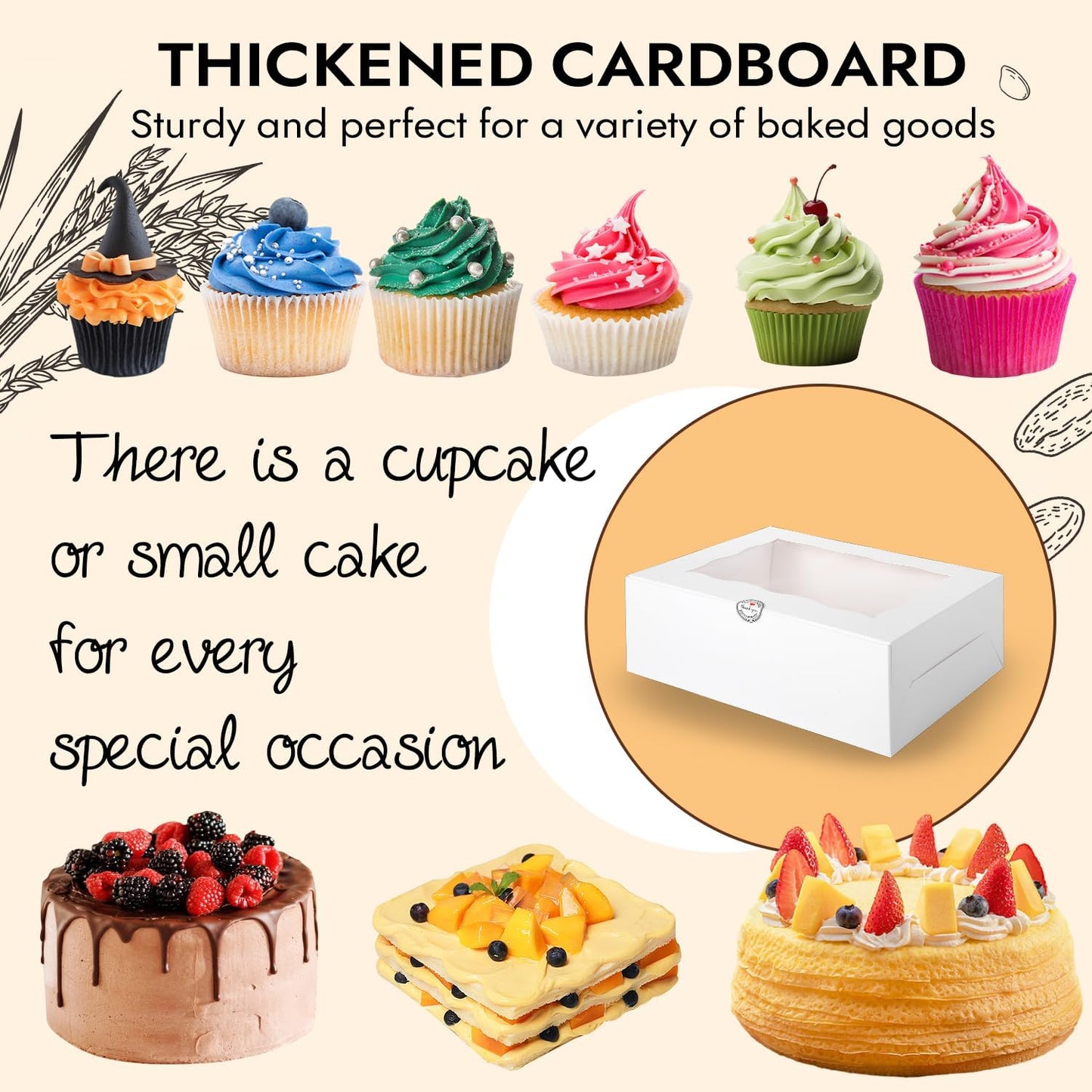 JCD 16 Pcs Cake and Cupcake Combo Bento Boxes with Clear Lid and 8 Cupcake Holes for Vanlentine Wedding Birthday Party Bakery Baking Supplies (1+8/16Pcs)