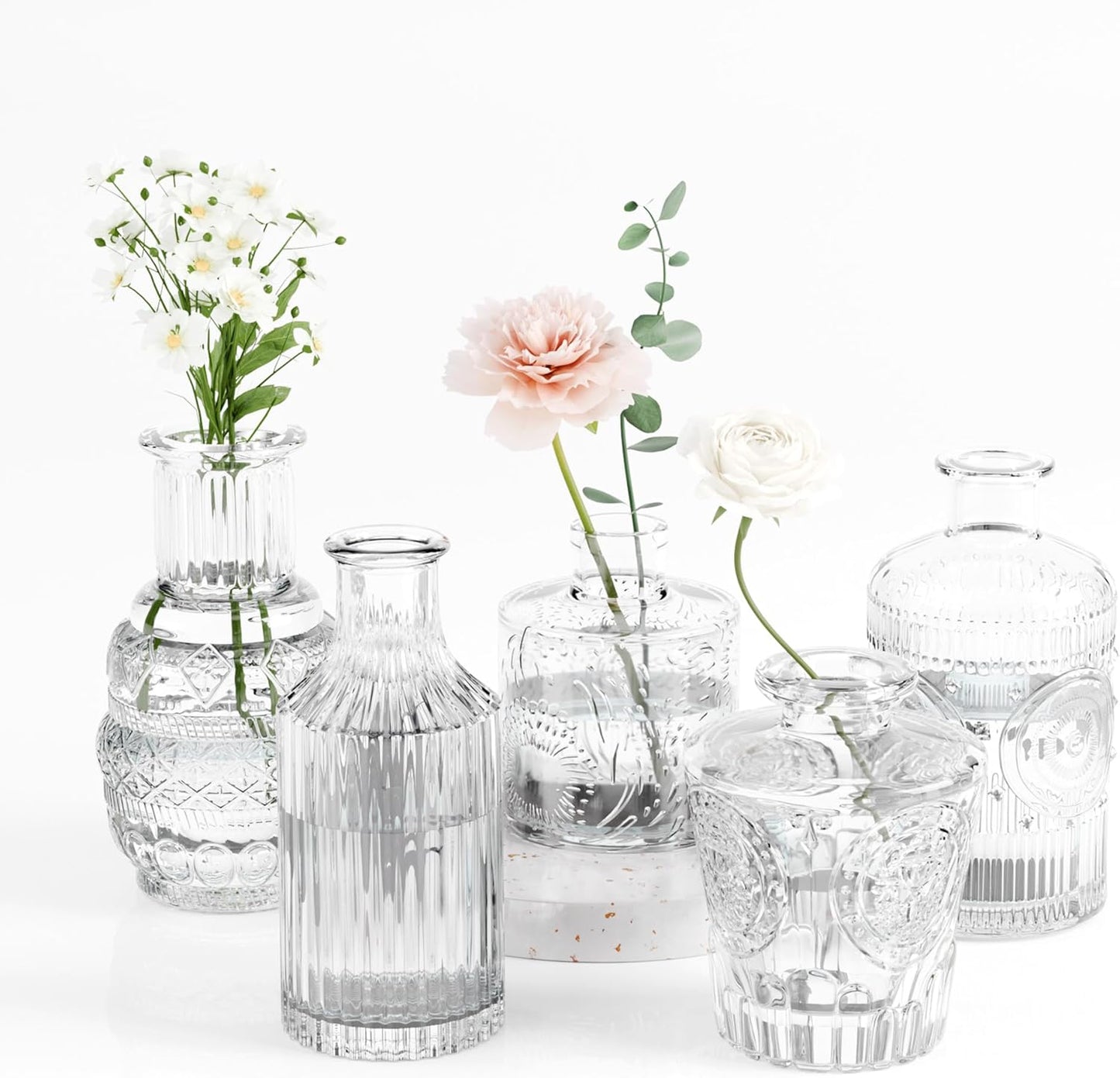 Gather & Bloom Creations 5 Piece Mini Bud Vase Set – Clear Glass Small Vases in Unique Shapes & Sizes for Flowers, Fairy Lights, Wedding Table Centerpieces, Vintage-Inspired Home Décor