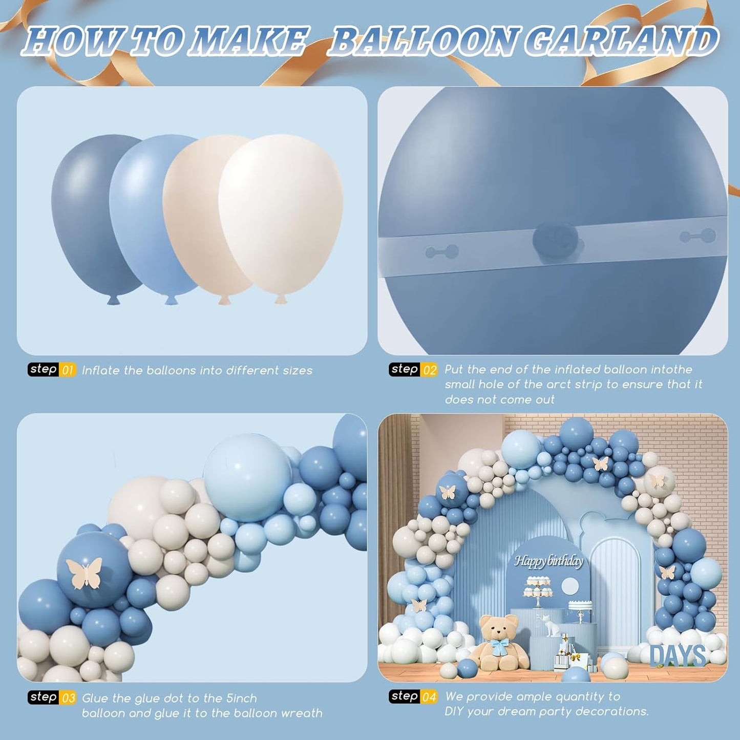 412Pcs Dusty Blue White Sand Balloon Arch Garland Kit,18 12 10 5 Inch Slate Fog Baby Blue Macaron Blue Sand White for Birthday Baby Shower Wedding Bridal Gender Reveal Decorations