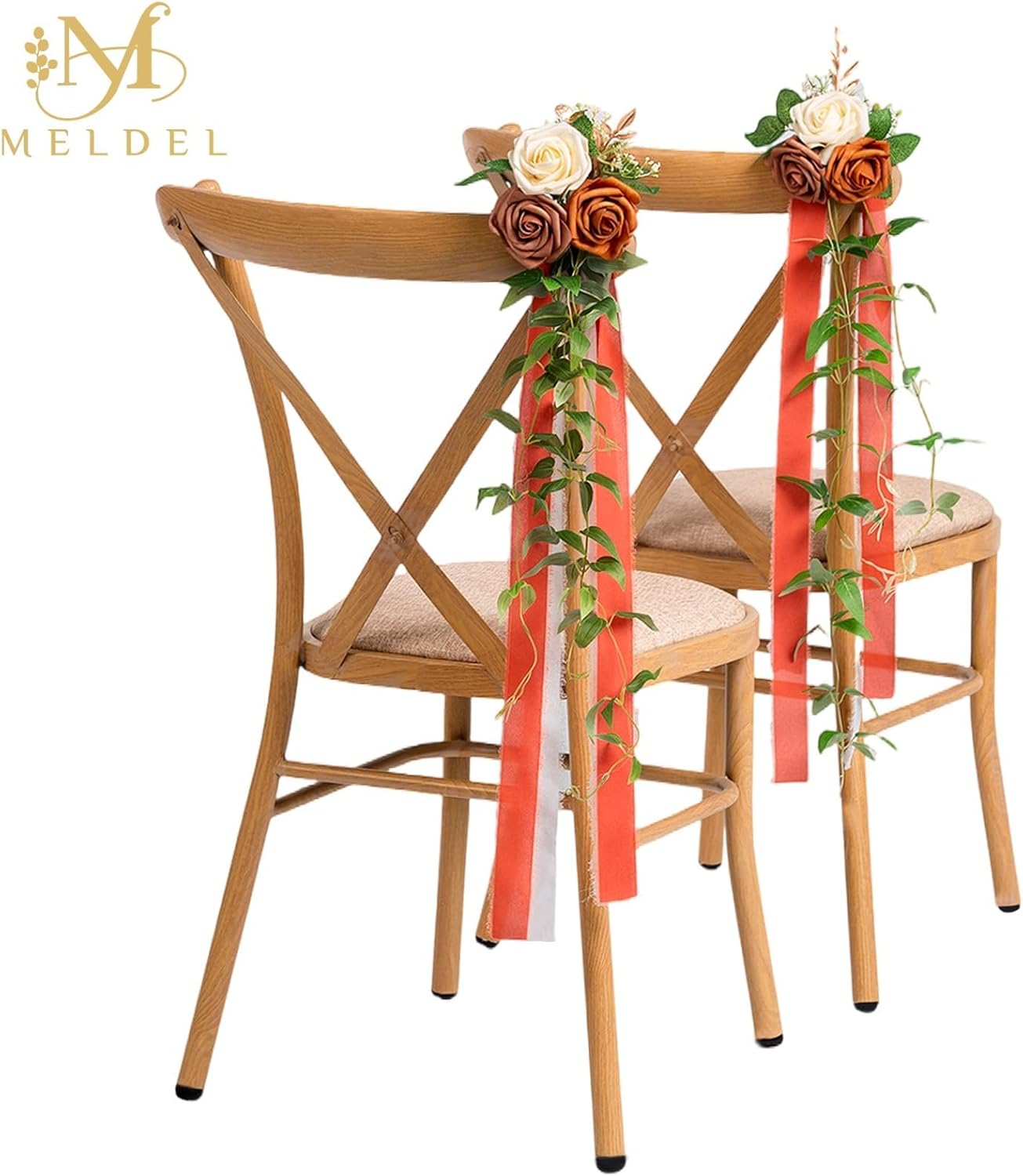 Meldel 10Pcs Wedding Chair Decorations Aisle Flowers Swag Artificial Flower Ivory Orange Garland with Ribbion for Ceremony Reception Church Rose Floral Faux Arrangement Party Outdoor Pew Decor