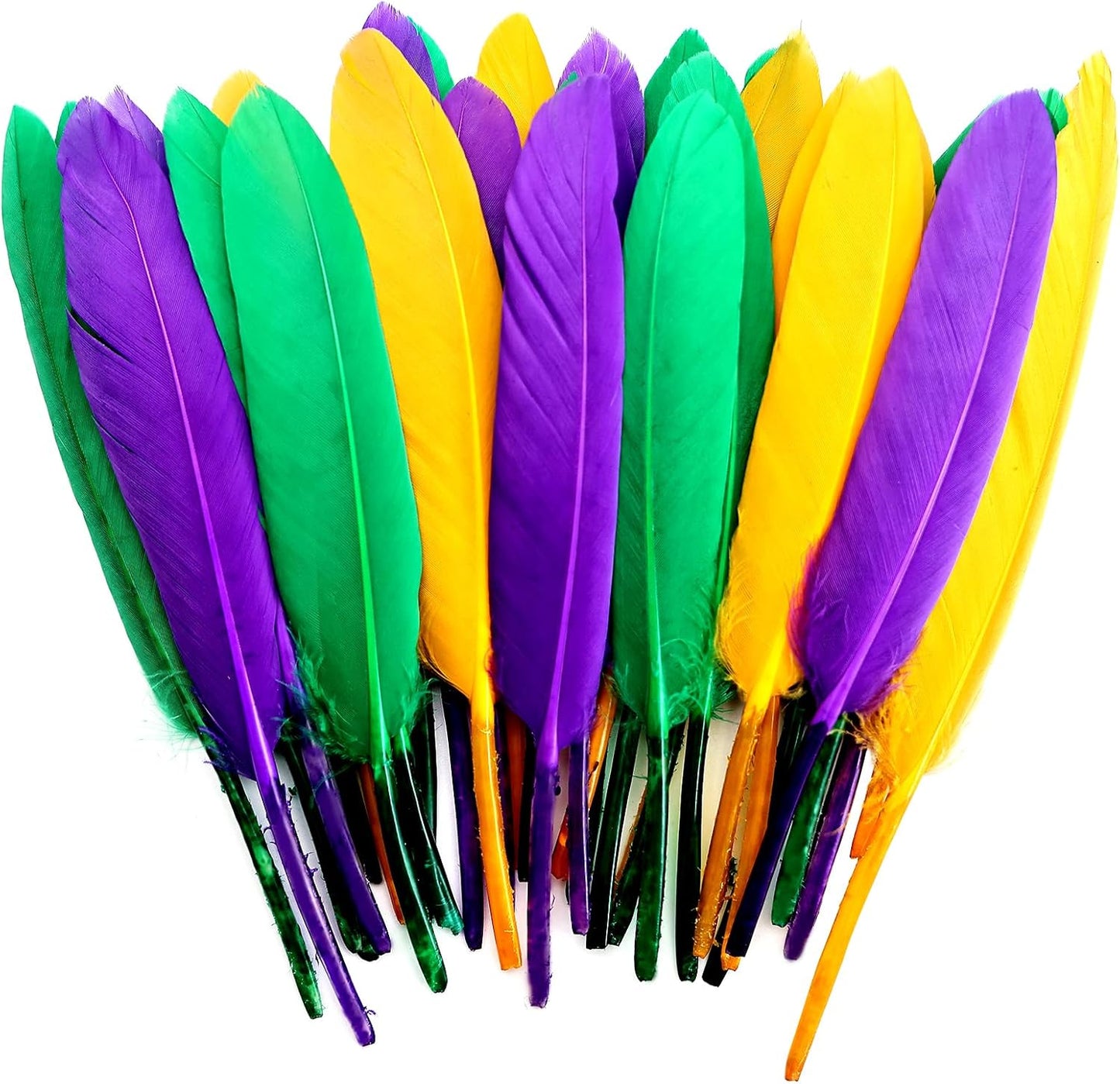 FeelfunFeather 120pcs Mardi Gras Goose Cochettes Feather 4-6 inch Decorative Colorful Purple Golden Yellow Green Feathers Bulk for DIY Crafts Masquerade Carnival Party Decoration