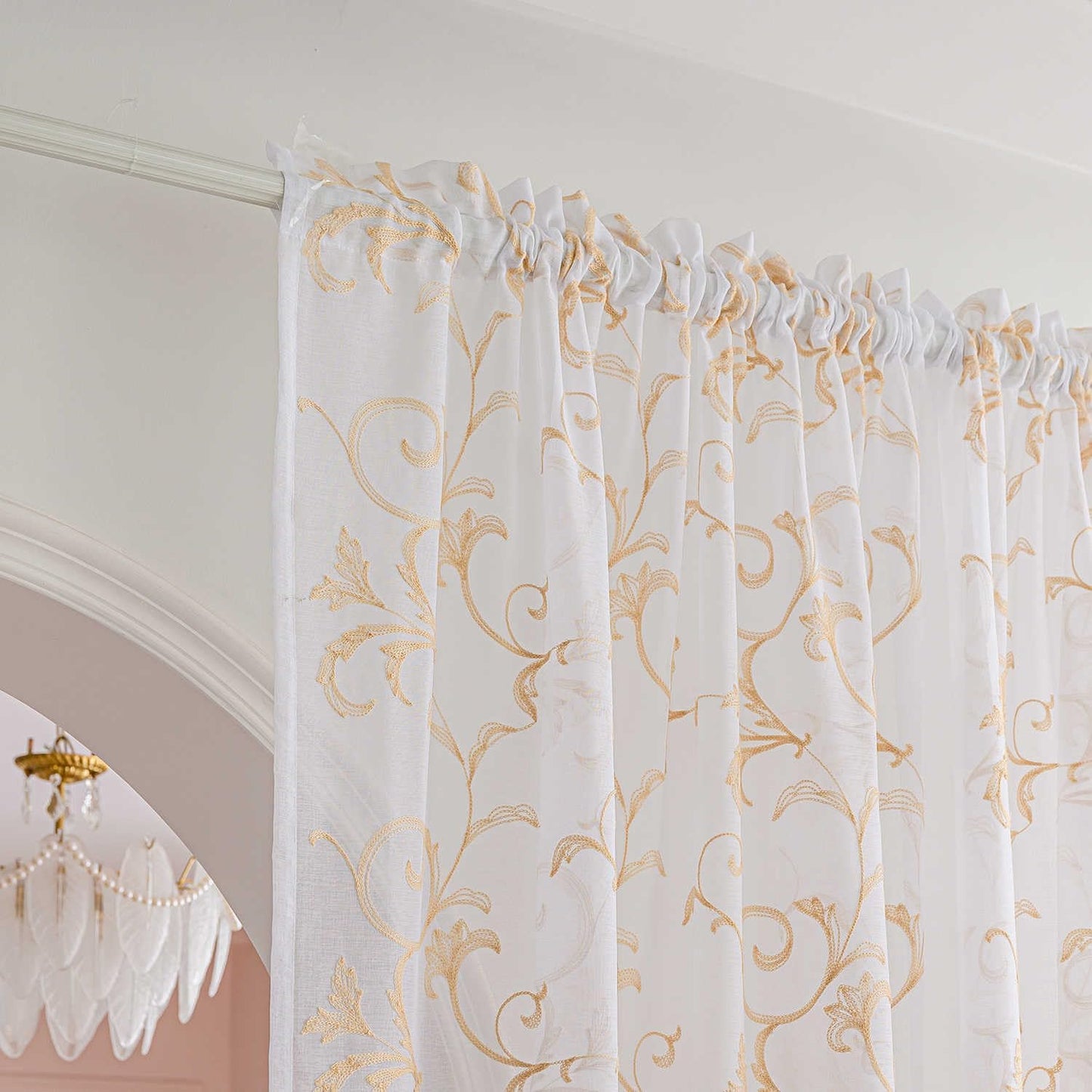 White Sheer Curtains 84 Inches Long, Rod Pocket Sheer Drapes for Living room, Bedroom, 2 Panels, 52"x84", Vintage Beige Floral Patterned Boho Window Curtains for Yard, Patio, Villa, Parlor.