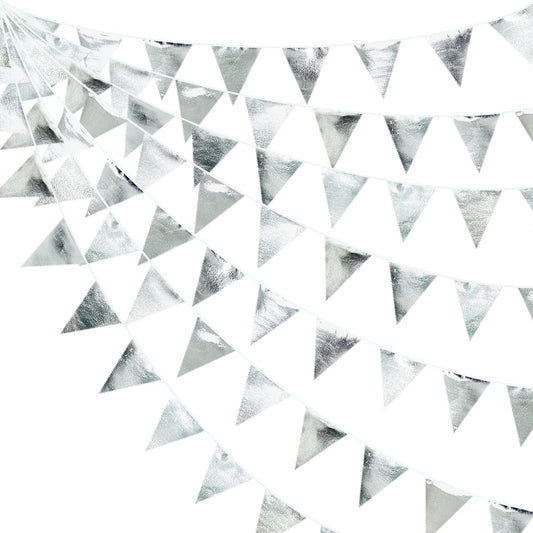 Silver Party Decorations Metallic Fabric Triangle Pennant Banner Silver Flag Bunting Garland for Graduation Birthday Wedding Bridal Shower Anniversary Engagement Bachelorette Party Decoration Supplies