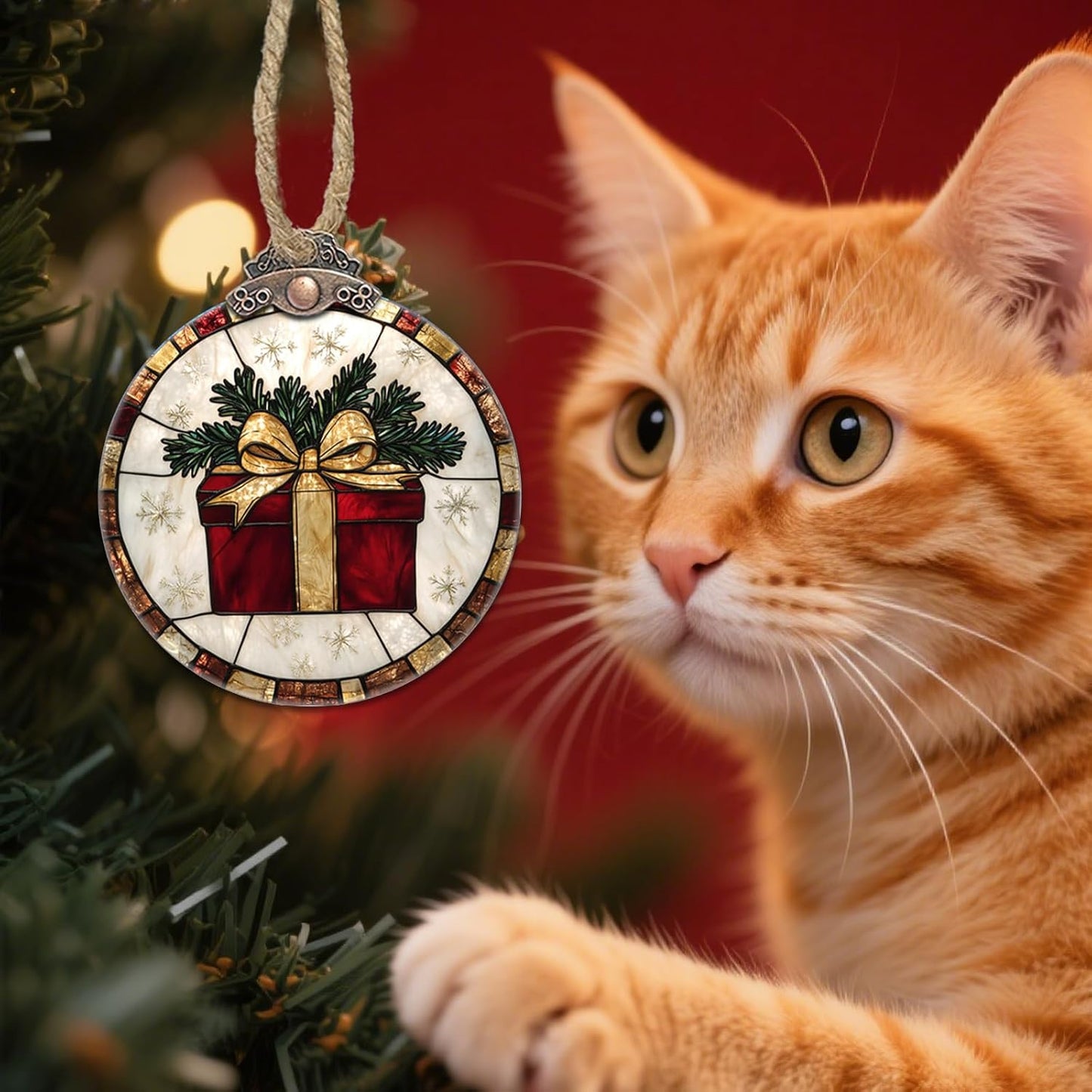 Stained Glass Christmas Decorations, Red Gift with Gold Ribbon Suncatcher for Window Christmas Tree Hanging Ornaments Retro White Sun Catcher Xmas Decor Gifts for Women Men Mom Nana Friend