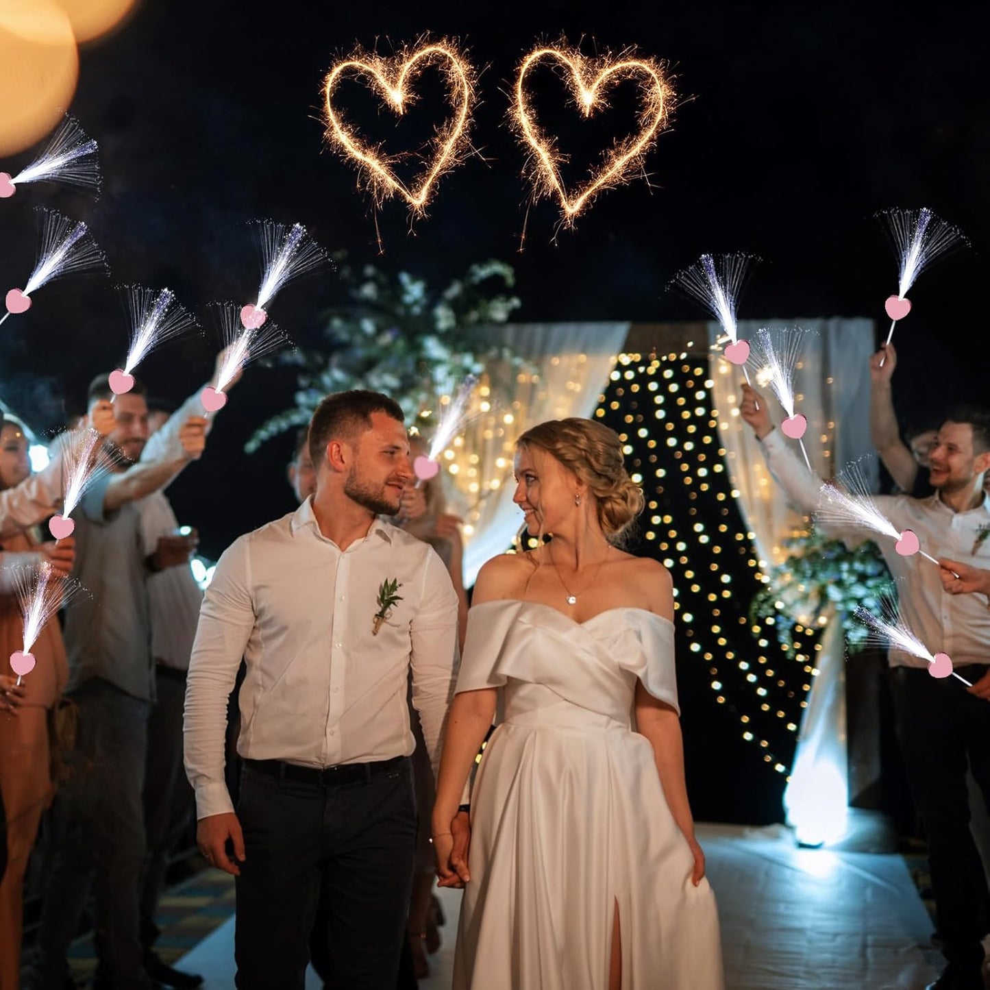50 Pcs Wedding Sparklers Heart Shaped LED Glow Sticks Fiber Optic Wands Light up Wand with 3 Light Mode for Wedding Bridal Shower Birthday Glow in the Dark Party Supplies (Pink)