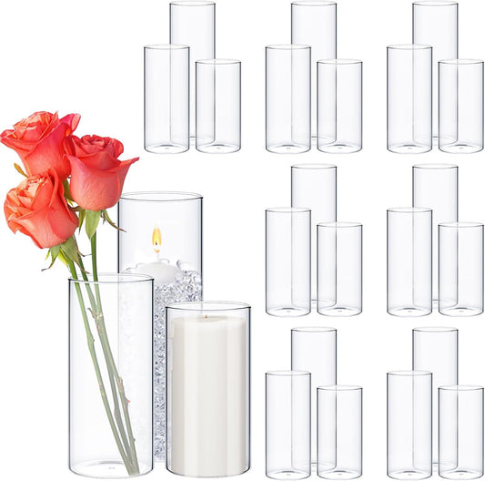 Sawysine 24 Pcs Glass Cylinder Vases 2.5''/2.95''/3.9'' Diameter Clear Flowers Vase Hurricane Floating Candles Holders for Table Centerpieces (3.9 x 8 in,3.9 x 10 in,3.9 x 12 in)