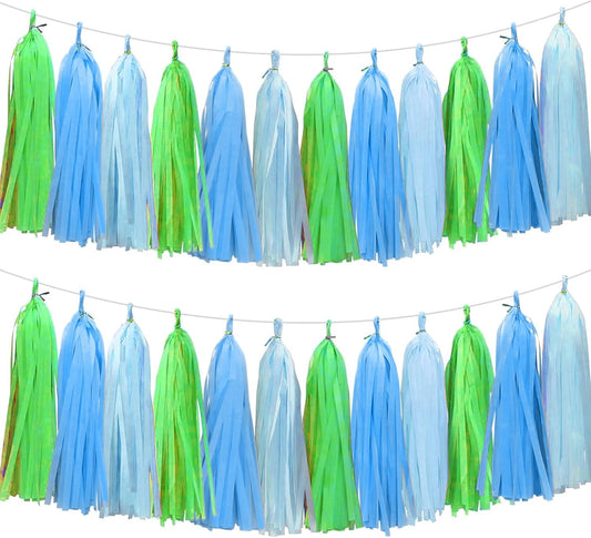 Blue Light Blue and Green Tassel Garland Banner Paper Tassels for Party Decorations,Pack of 15