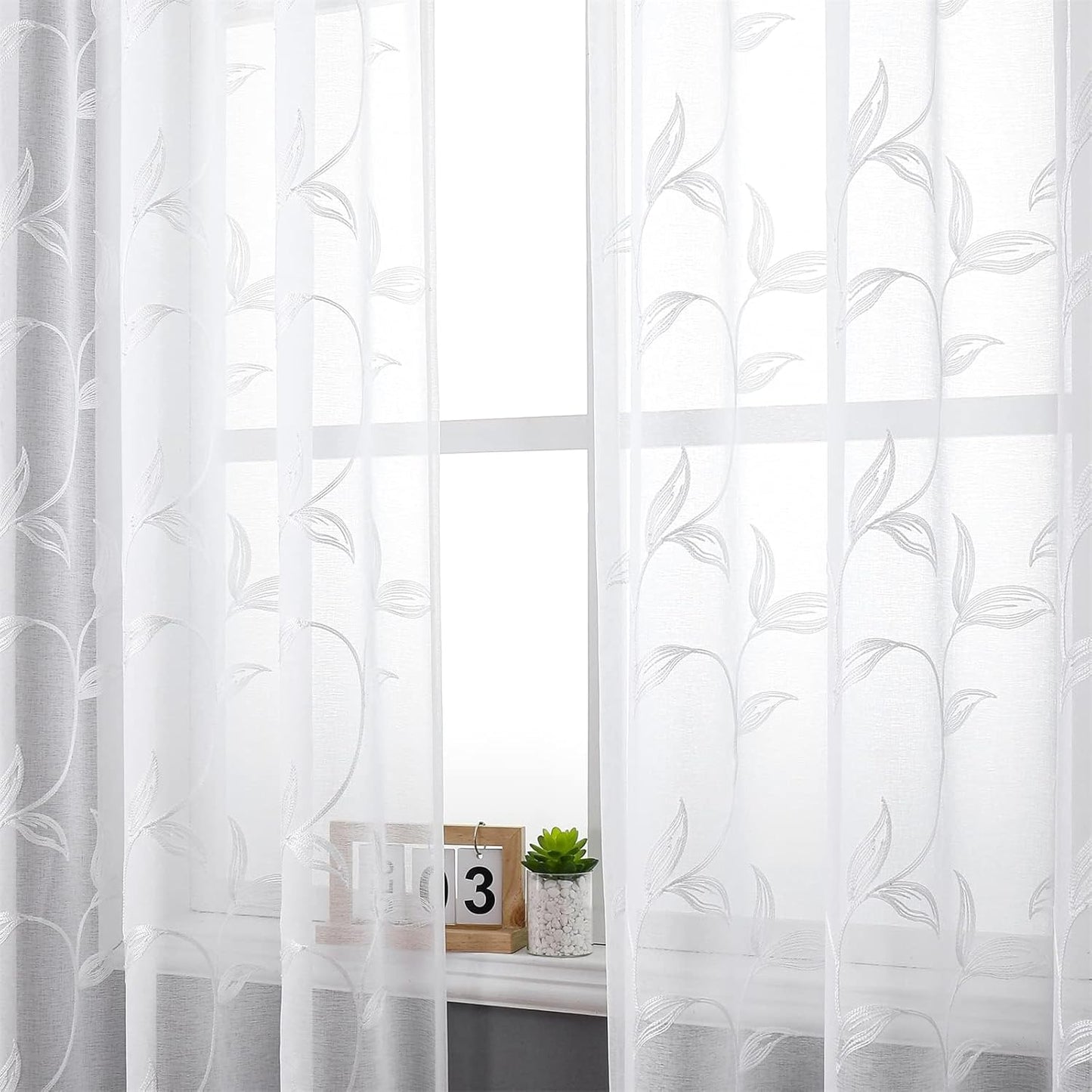 VISIONTEX Sheer Curtains 54 inch Length 2 Panels Set, White Voile Crushed Vine Leaves Embroidery, Rod Pocket Embroidered Window Drapes for Living Room and Bedroom, 54" x 54"