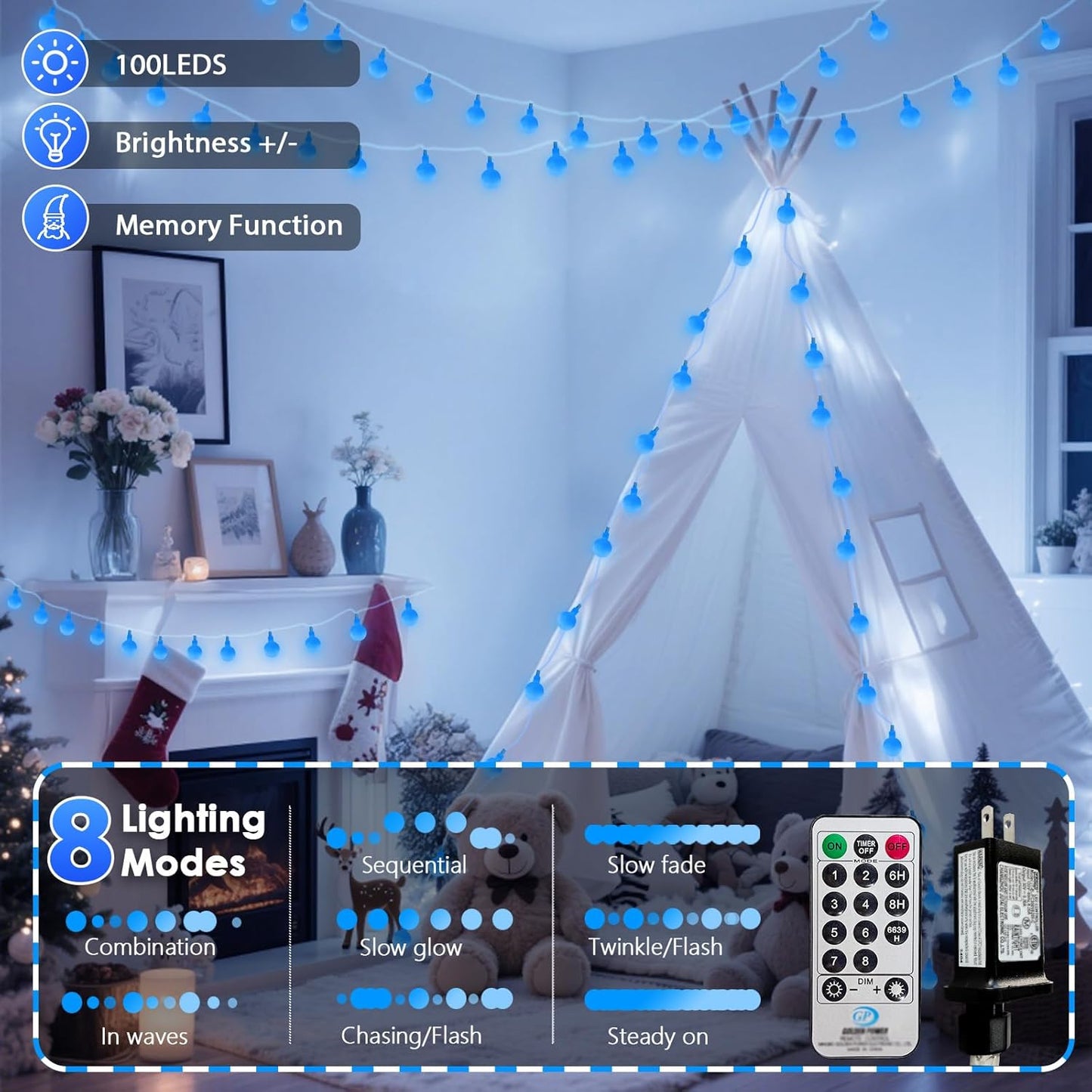 100LED Blue Connectable String Lights Indoor Outdoor for Bedroom, 43ft Christmas Lights with Remote & Timer, Plug in 8 Modes Waterproof Globe Fairy Light for Christmas Decor Room Classroom Wedding