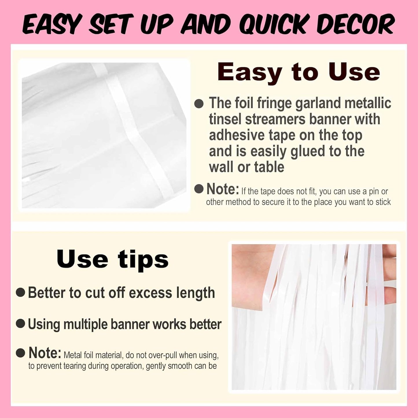 4 Pack 10 Ft Macaron White Foil Fringe Garland Metallic Streamers Tinsel Banner Wall Hanging Garland Backdrop for Parade Floats, Halloween, Christmas, Thanksgiving, New Year Party Decorations