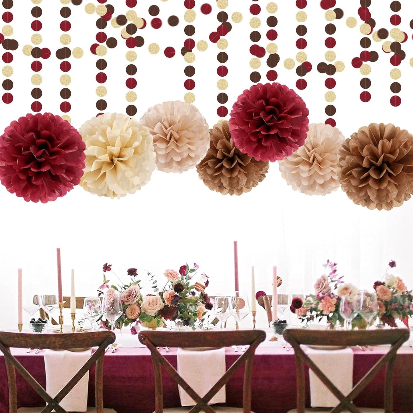 Boho Baby-Shower Burgundy-Brown Champagne Party-Decorations - 28pcs Neutral Birthday Rustic Wedding Bridal Tissue Pom Poms Streamers, Fall Autumn Tassel Garland Banner, Engagement Decor Ouruola