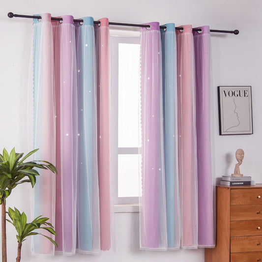 FANLI Ombre Rainbow Blackout Curtains for Kid Girls Bedroom Living Room Darking Stripe Double Layer Star Cut Out Wall Home Decor Gradient Grommet Window Curtains (Pink Purple, 52W x 84L)