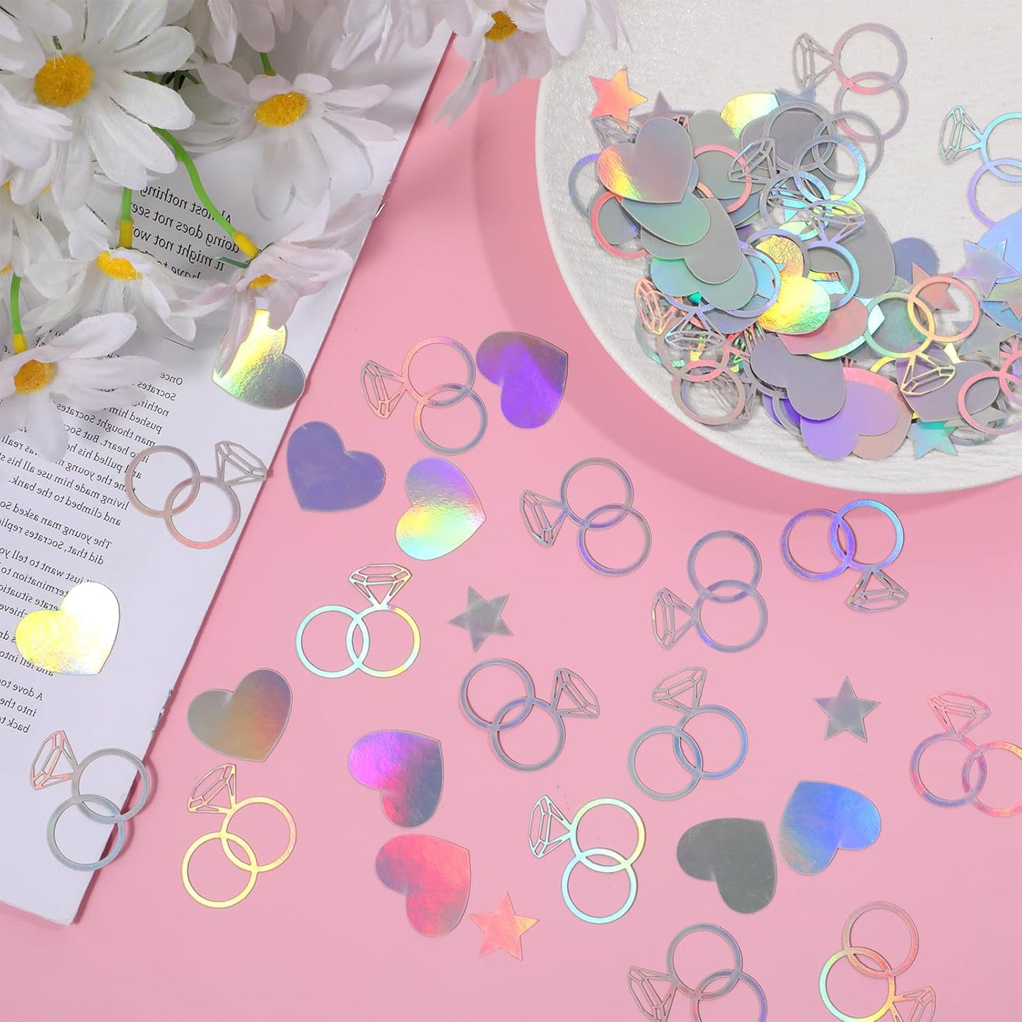 300 Pcs Iridescent Bachelorette Confetti, Bridal Shower Decoration Confettis, Wedding Decorations Diamond Ring Heart Star Table Confetti for Engagement Party Decorations, Bridal Shower supplies
