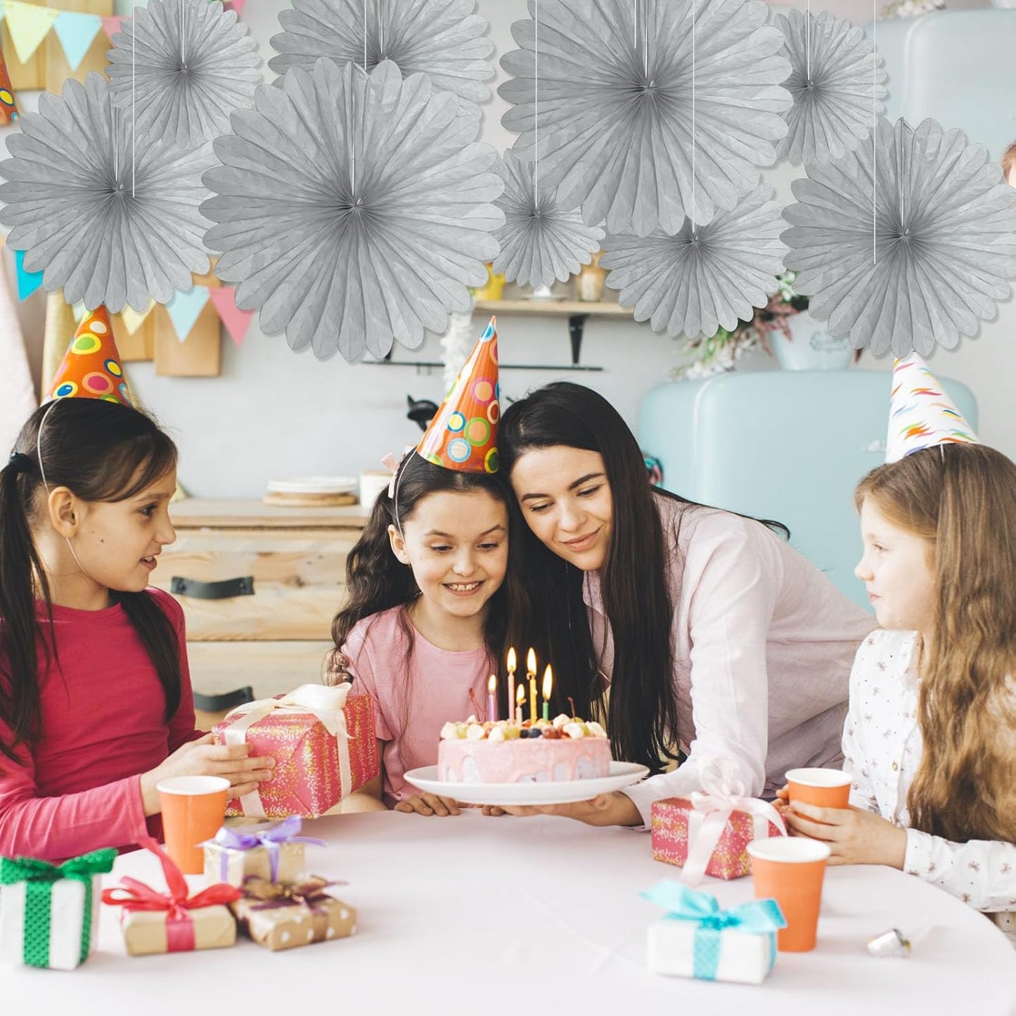 20 Pcs Silver Gray Hanging Paper Fan, Round Paper Fans Decorations Set for Weddings, Birthdays, Engagement, Bridal Shower, Baby Shower Event, Graduation, Party Supplies Decor