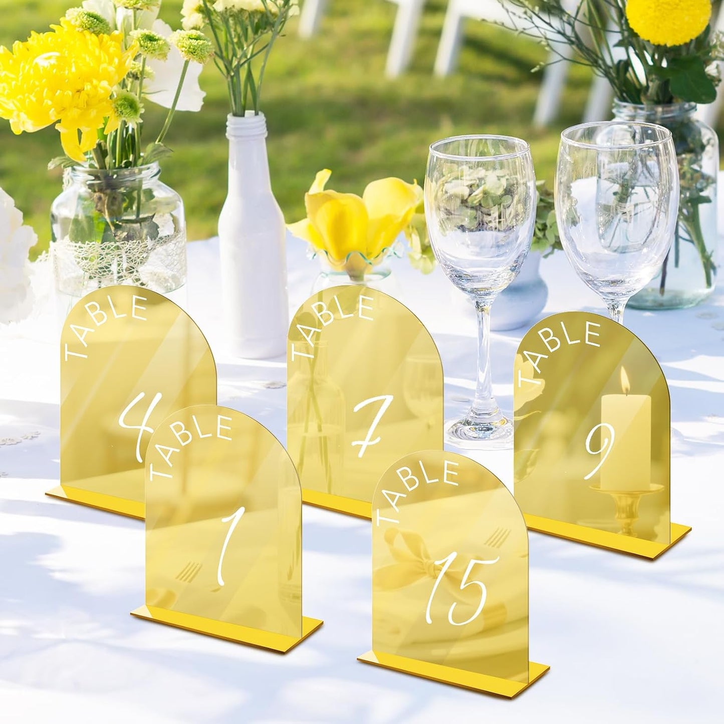 Gold Wedding Table Numbers 1-15 w/Stands: Gold Mirror Arch 5x7 Acrylic Display Signs and Holders - Perfect for Wedding Receptions, Party, Anniversaries, and Events