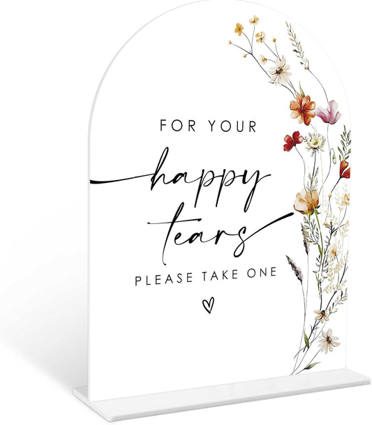 Boho Floral Happy Tears Tissue Sign, 6 x 8 Inch White Arch Acrylic Wedding Sign with Holder, Wedding Sign for Ceremony and Reception, Wedding Decoration, Wedding Supplies - BX25