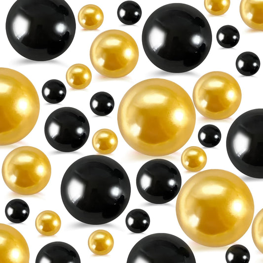 260Pcs Black and Gold Glossy Beads for Centerpiece Decor, Artifical Pearls Vase Filler, No Hole Round Pearl Beads for Wedding Birthday Christmas Party Home Decor(18mm 14mm 6mm)