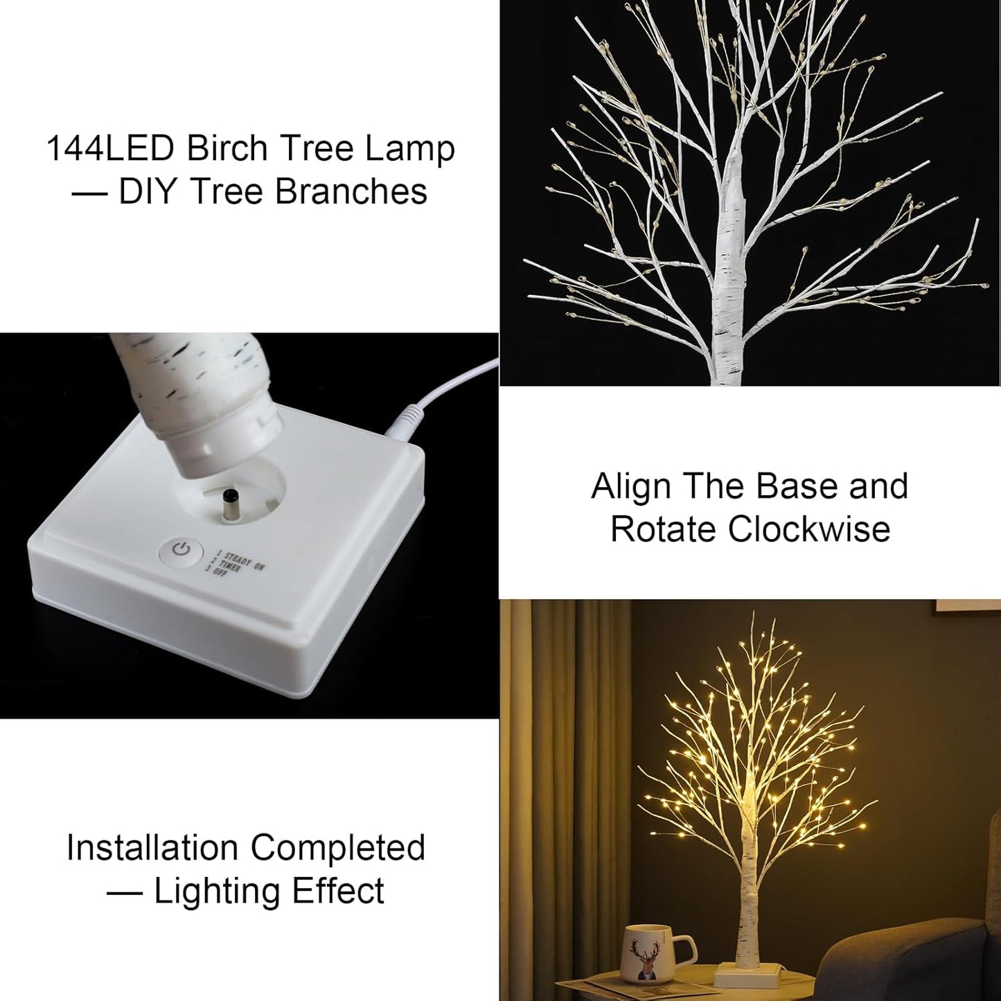 144 LED Artificial Lamp with Timer, DIY Birch Tree With Lights, USB/Battery Powered, Fairy Light Spirit Tree for Table Home Wedding Bedroom Christmas (Warm White)