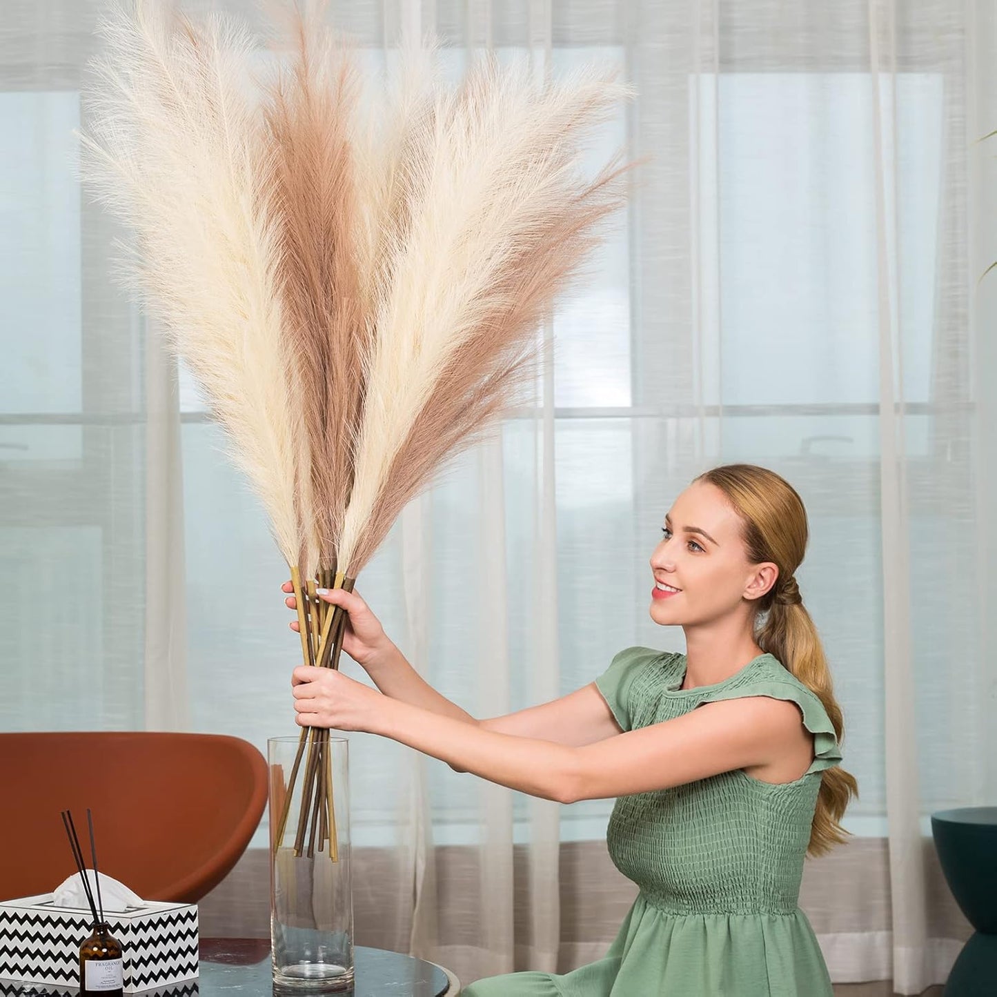 EVODIS Faux Pampas Grass 8 Stems, Artificial Pampas Grass - 43 inch Extra Large Pompass Grass Tall Pompous Boho Flower Arrangement and Floor Vase Filler Home Decor for Room Wedding Party