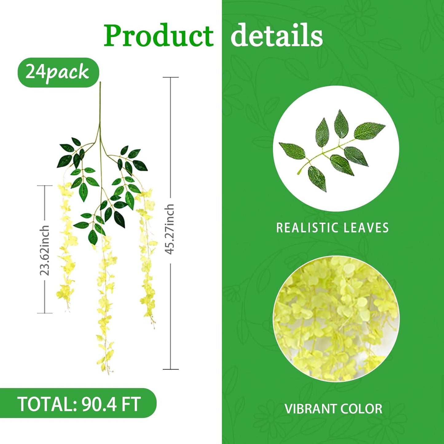 24 Pack Green Wisteria Hanging Flowers Garland, 3.77 Feet Artificial Flower Vines, Fake Wisteria, Artificial Vines Hanging Garland for Backdrop Outdoor Yard Garden Decor