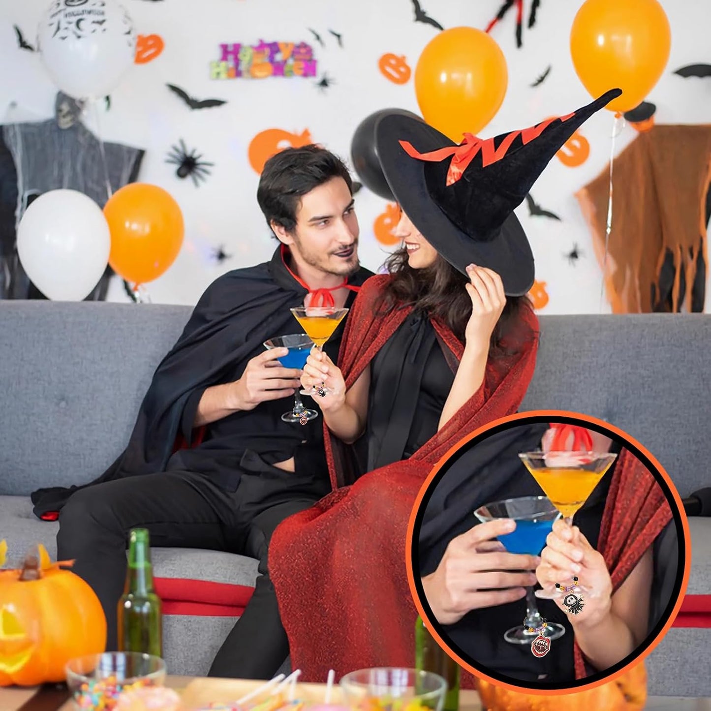 SANNIX 24Pcs Halloween Wine Charms, Wine Charms for Stem Glasses, Glass Identifiers for Halloween Party Holiday Decorations