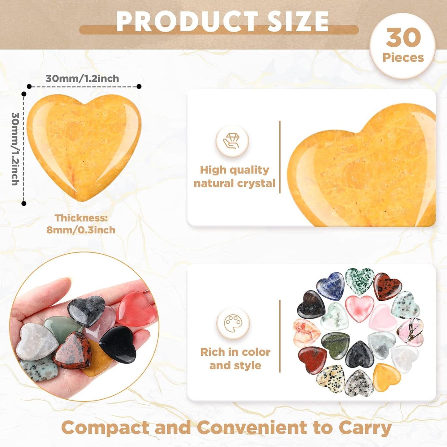 Nuenen 30 Pcs Heart Shape Crystals Bulk 1.2 Inch Gemstone Heart Stones Worry Stone Rocks Quartz Love Pocket Palm Bulk for Mother's Day Gifts Stress Relief Gift (Vintage Color)