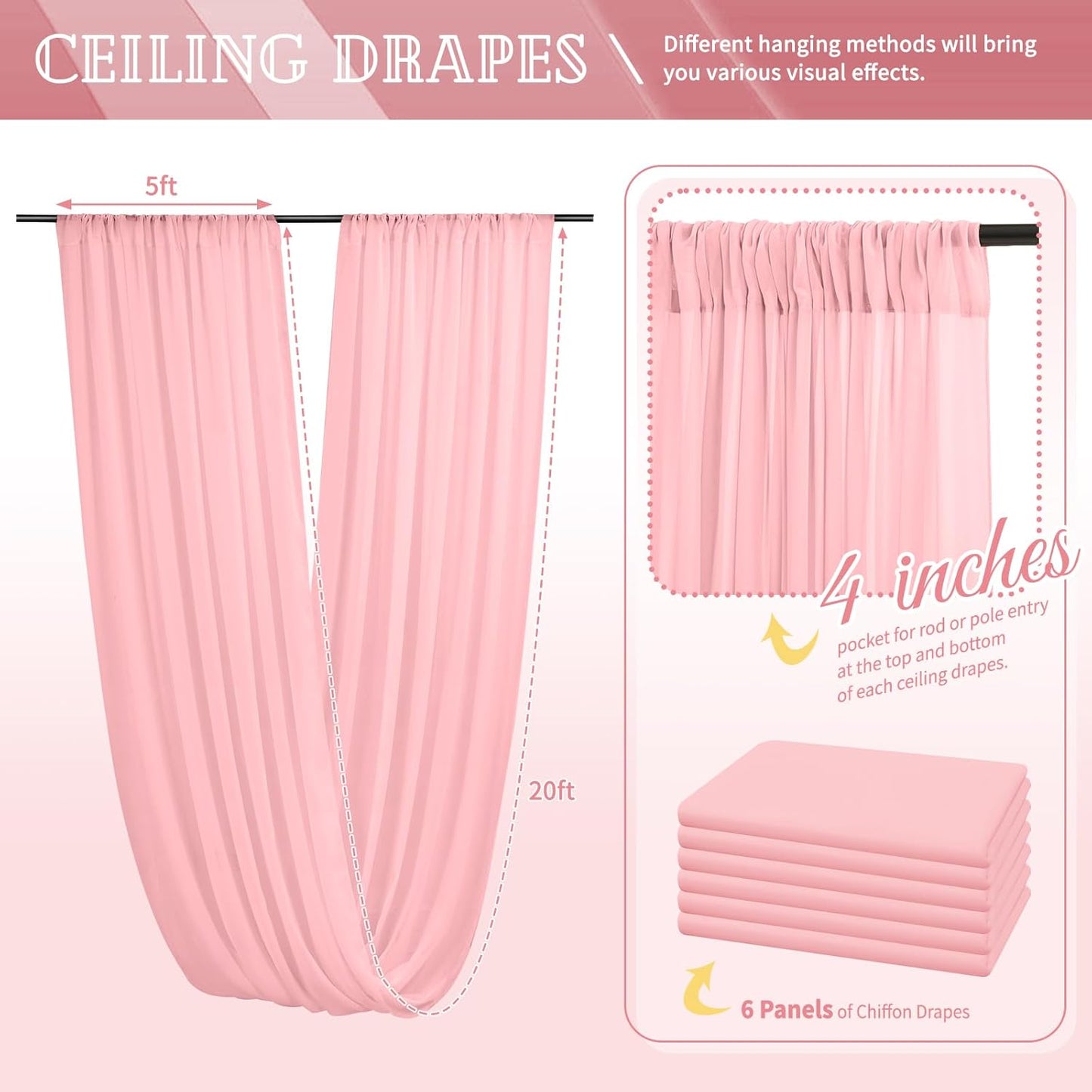 6 Panels Dusty Rose Ceiling Drapes for Wedding 5ftx20ft Chiffon Fabric Arch Draping Curtains Sheer Drapery for Party Ceremony Birthday Baby Shower Reception Stage Swag Ceiling Decorations