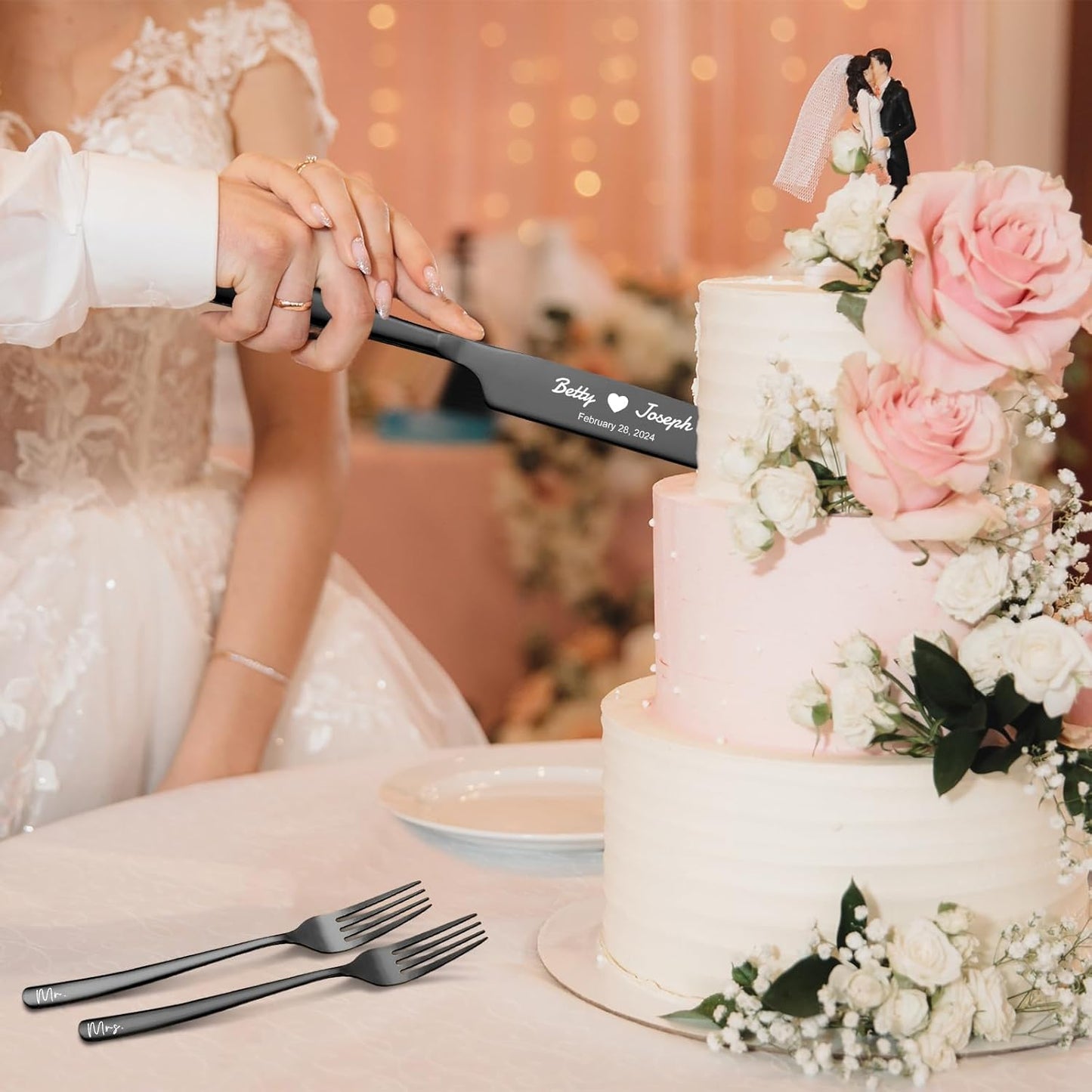 Personalized Wedding Cake Knife and Server Set Stainless Steel Forks Cake Cutter Server Engraved Cake Cutting Set for Wedding Anniversary Engagement Birthday Gifts