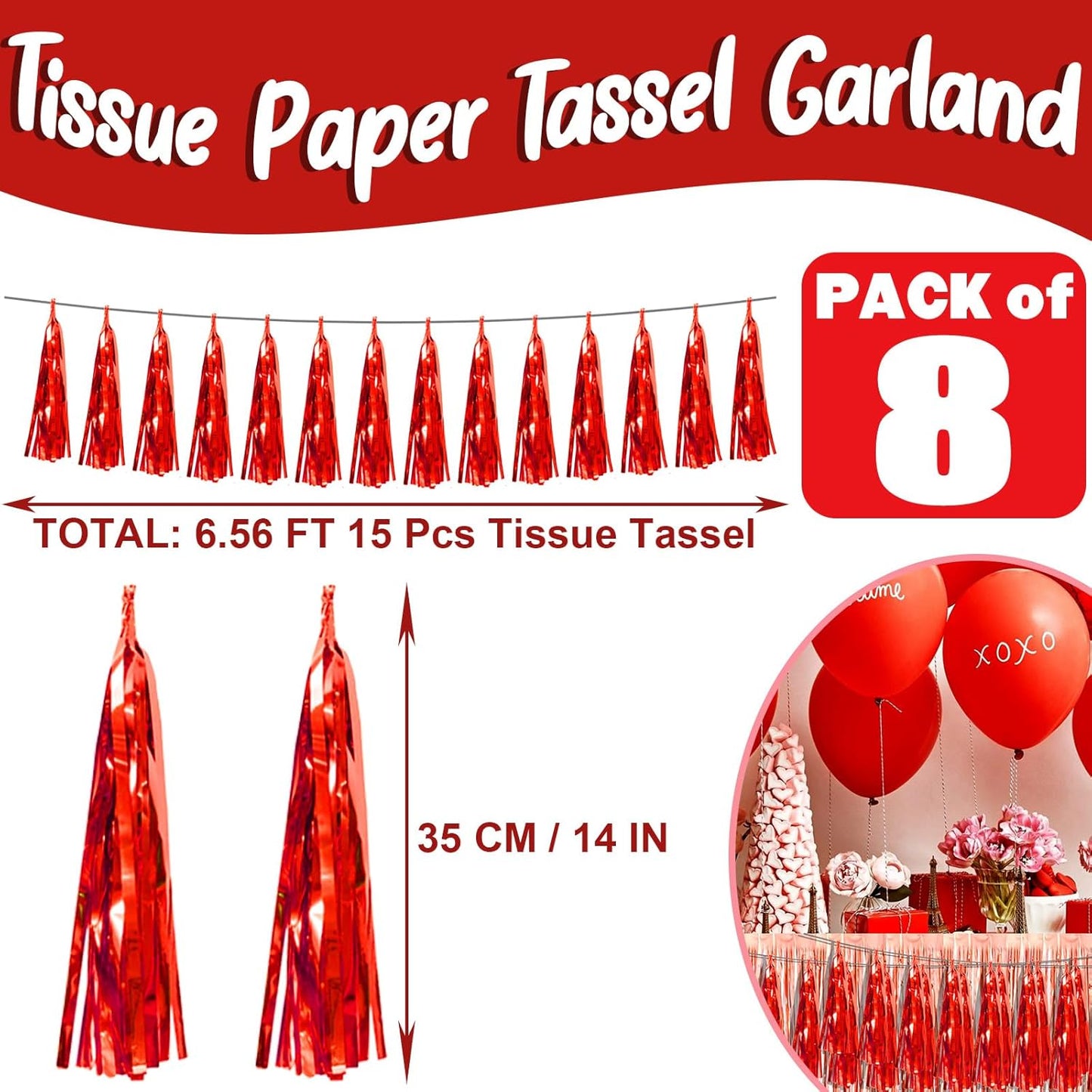 8P Red Foil Fringe Metallic Tassel Streamers Banner Tassel Garland for Parade Floats, Bachelorette, Wedding, Birthday, Halloween, Christmas, Bridal/Baby Shower Party Decorations