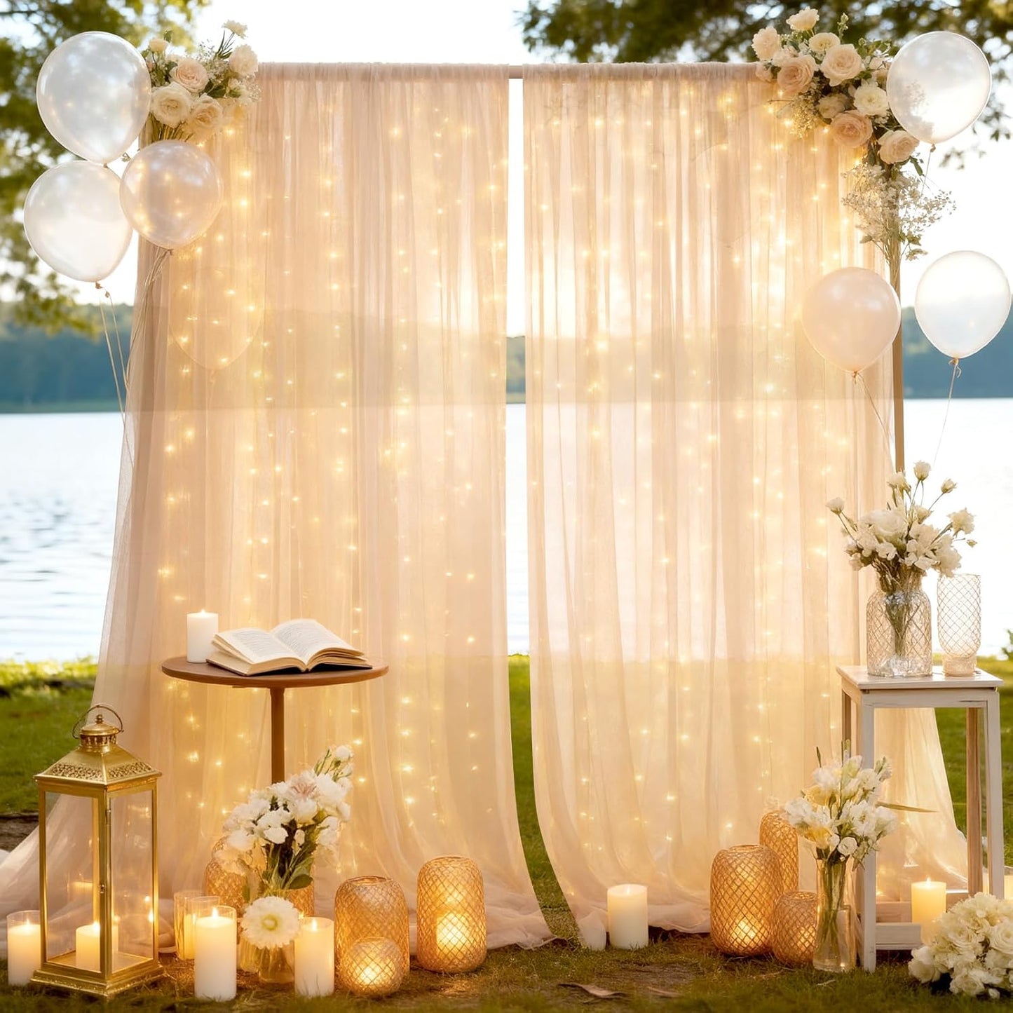 10×8ft Tulle Backdrop Curtains with Lights String - 300LED Fairy Lights Sheer Curtain Backdrop for Weddings Baby Shower and Birthday Party Decorations(2 Panels 5×8ft)
