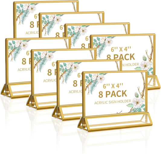 Smarpau 6x4 Gold Acrylic Sign Holder, 8 Pack Wedding Table Number Holders with Horizontal Stand, Double Sided Photo Picture Frames Stands, Flyer Stand, Paper Display Stand for Cafe, Restaurant