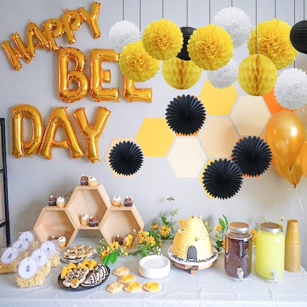 Yellow White Black Party Decorations 16pcs Paper Pom Poms Honeycomb Balls Lanterns Tissue Fans for Bee Day Party Batman Birthday Graduation Baby Shower