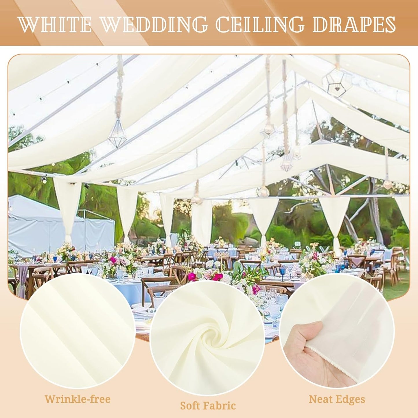 6 Panels Ivory Ceiling Drapes for Wedding 5ftx30ft Sheer Drapery Chiffon Fabric Arch Draping Curtains for Party Ceremony Birthday Baby Shower Reception Stage Ceiling Decorations